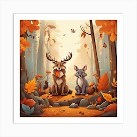 Autumn Forest With Deer And Rabbit Art Print