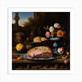 Table With Ham And Flowers Art Print