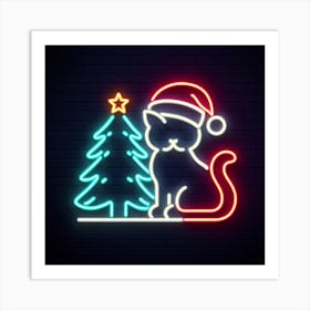 Neon Sign Cat With Christmas Tree Art Print