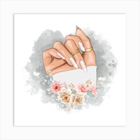 Woman'S Hand nails whit flower Art Print