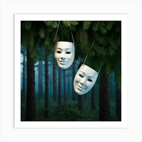 3d Masks Suspended In Mid Air One Symbolizing Tragedy With A Tear Streaked Visage Other Embodying (1) Art Print