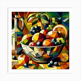 A Cubist Still Life Featuring Fruit In A Bowl 3 Art Print