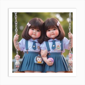 Two Asian Girls On A Swing Art Print