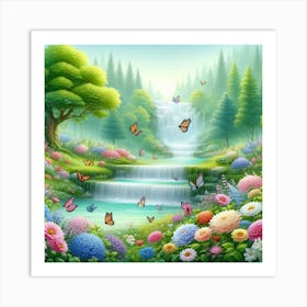 Waterfall With Butterflies Art Print