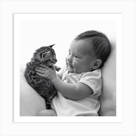 Black And White Baby Playing With Kitten Art Print