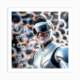 3d Dslr Photography, Model Shot, Man From The Future Smiling Chasing Bubbles Wearing Futuristic Suit Designed By Apple, Digital Helmet, Sport S Car In Background, Beautiful Detailed Eyes, Professional Award Winni Art Print