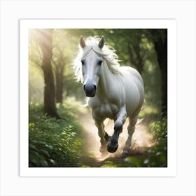 White Horse Running In The Forest Art Print