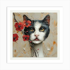 Cat With Red Flowers Art Print