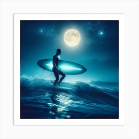 Surfer man In The Moonlight Art Print