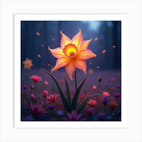 A Radiant Daffodil With Petals Of Flowing, Neon Ribbons In A Surreal, Twilight Meadow Art Print