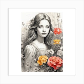 Girl With Flowers Art Print