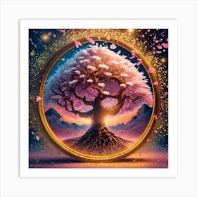 Blooming Whitepinkgolden Sakura Tree Of Life I Art Print