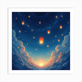 Floating Lanterns In A Starry Sky, Watercolor 1 Art Print