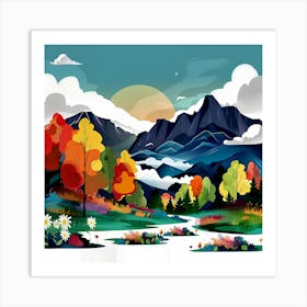 Landscape The Picturesque Mountains Trees River Abstract Symbolism Art Print