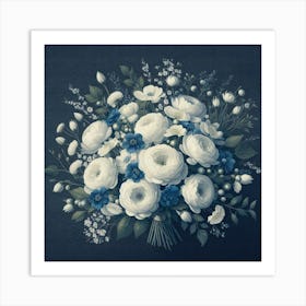 Fresh White Bouquet Dark Blue On Canvas Print 1 Art Print
