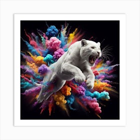 White Tiger Jumping In Colorful Powder Art Print