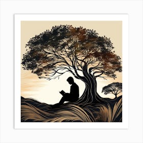 Silhouette Of A Man Reading Under A Tree Art Print