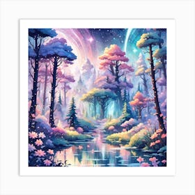 A Fantasy Forest With Twinkling Stars In Pastel Tone Square Composition 61 Art Print