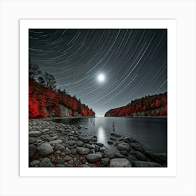 Star Trails Over Lake Art Print