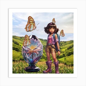 A Little Girl With Butterflies On A Picnic Art Print