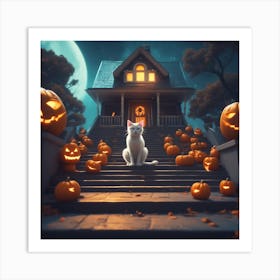 Halloween Cat In Front Of House 17 Art Print