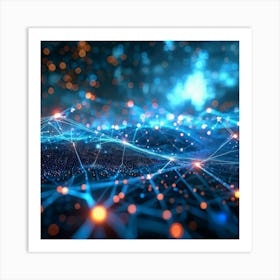 Abstract Cyber Concept Art Featuring Networks Of Glowing Dots Amidst Streams Of Futuristic Data Flow Art Print