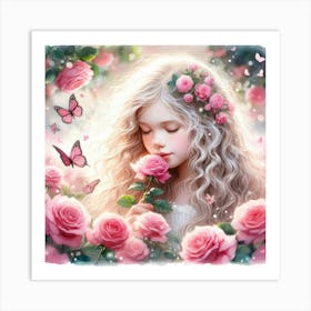 Little Girl With Pink Roses Art Print