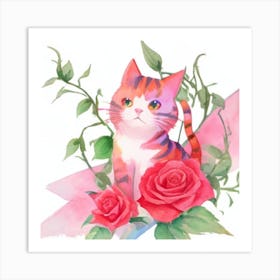 Cat With Roses2 Art Print