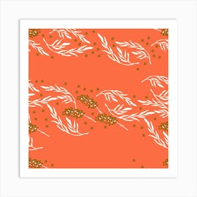 White Floral Pattern On Coral Square Art Print