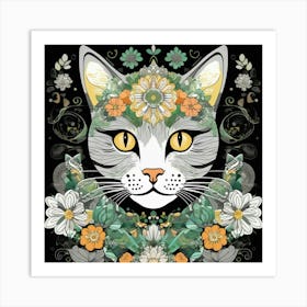 Cat With Flowers 1 Art Print