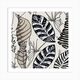 Black And White Drawing Of Leaves Art Print