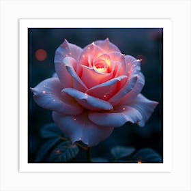 A Surreal Rose With Petals Of Shimmering, Fractal Light Blooming In A Mystical Twilight Garden Art Print