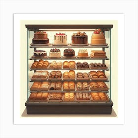 A digital painting of a bakery display case filled with a variety of cakes, pastries, cookies, and breads. The cakes are decorated with frosting, fruit, and chocolate. The pastries are flaky and golden brown. The cookies are chocolate chip, oatmeal raisin, and sugar. The breads are crusty and warm. The bakery case is made of glass and wood. The background is a light brown color. The painting is in a realistic style. Art Print