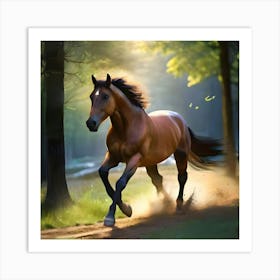 Horse Galloping In The Forest Art Print