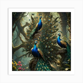 Peacocks In The Forest Art Print