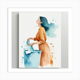 Watercolor Of A Woman Washing Clothes 1 Art Print