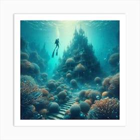 Diving Into The Water, Discovering An Underwater Garden Of Coral Castles Art Print