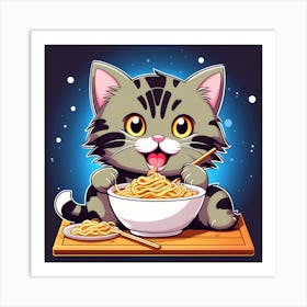 Cute cat eating noodle Art Print