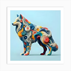 A Wolf, Minimalistic Colorful Organic Forms, Energy, Assembled, Layered, Depth, Alive Vibrant, 3d, Abstract, On A Light Blue Background 4 (1) Art Print