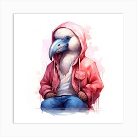 Watercolour Cartoon Flamingo In A Hoodie 2 Art Print