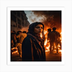 Woman In Front Of A Fire Art Print