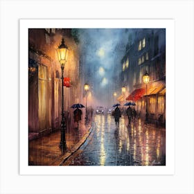 Twilight Rain Ethereal Watercolor Painting Of A Cobblestone Street At Night (1) Art Print