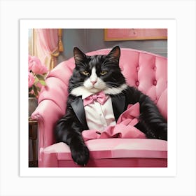 Cat Nap Tuxedo Cat Napping In Pink Interior Art Print 3 Art Print