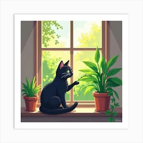 Cat And Plant Trouble Art Print Funny Cat (2) Art Print