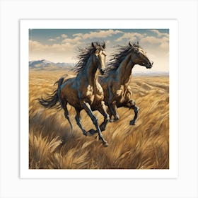 Two Horses Running In The Grass Art Print