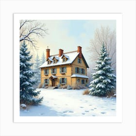 Historic Manor With Winter Snow, Watercolor With Serene And Picturesque Scene 1 Art Print