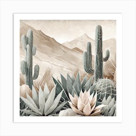 Firefly Modern Abstract Beautiful Lush Cactus And Succulent Garden In Neutral Muted Colors Of Tan, G (23) Art Print