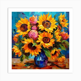 Sunflowers In A Blue Vase Art Print