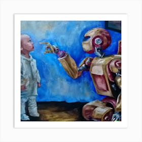 Oil Painting Of Robot Showing Him The Way  Art Print