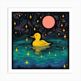 Duckling Linocut Style At Night 3 Art Print